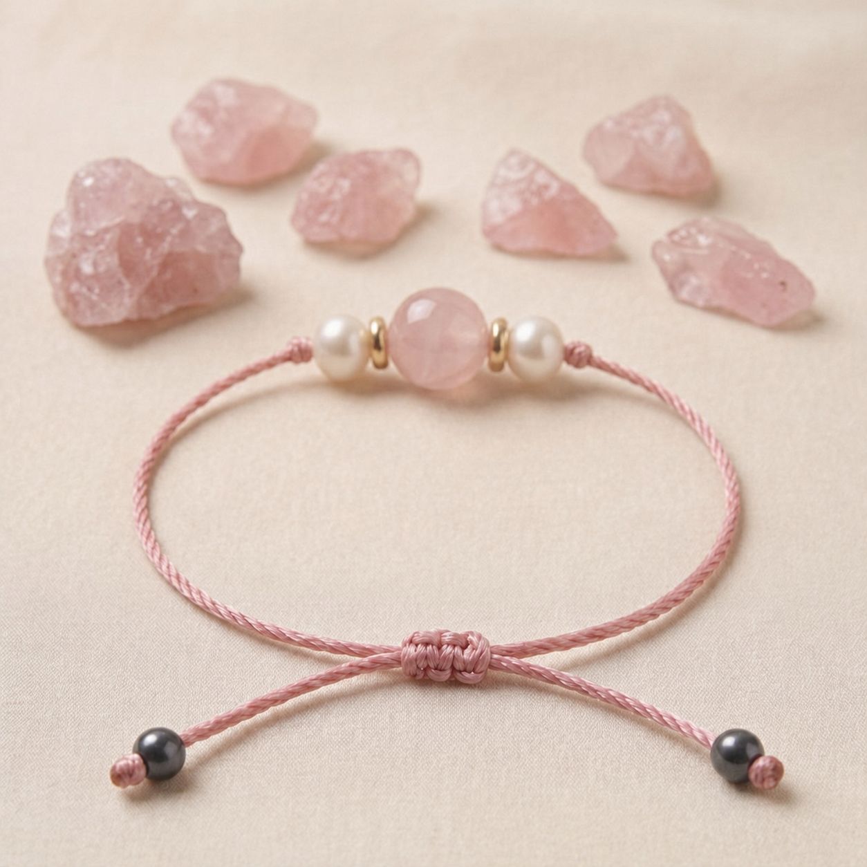Rose Quartz With Pearl Adjustable Thread Bracelet (Love & Harmony)