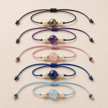 Set of 5 Crystal With Pearl Adjustable Thread Bracelets