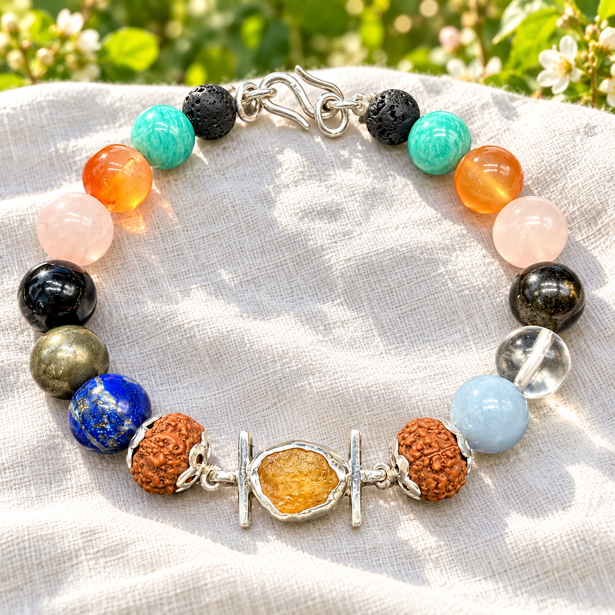 Lab-Certified Rough Yellow Sapphire & Rudraksha Bracelet in 925 Silver