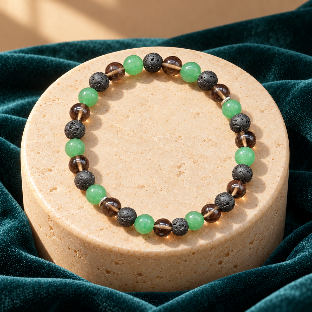 Grounding, Balance & Harmony Bracelet – Black Lava, Smoky Quartz & Green Jade, 8mm with GJSPC Lab Report | GemKrishna