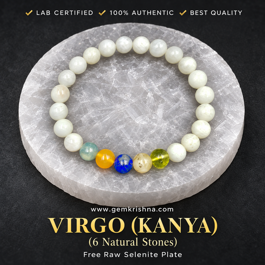 Virgo (Kanya) Zodiac Bracelet – 6 Natural Stones: Mother of Pearl, Peridot, Moonstone, Lapis Lazuli, Carnelian & Blue Sapphire