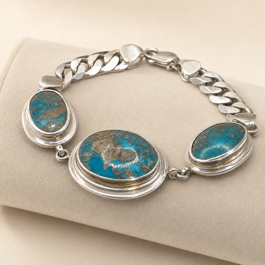925 Silver Unisex Three-Stone Turquoise Bracelet (Protection & Confidence) (52 gram)