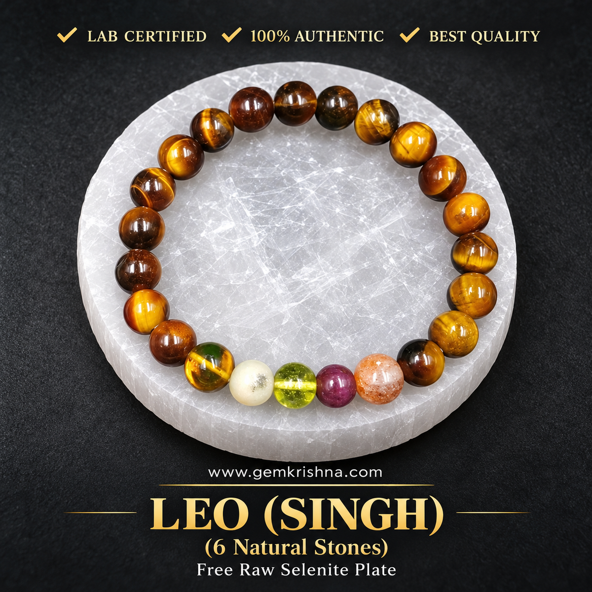 Leo (Singh) Zodiac Bracelet – 6 Natural Stones: Tiger Eye, Amber, Opal, Peridot, Ruby & Sunstone