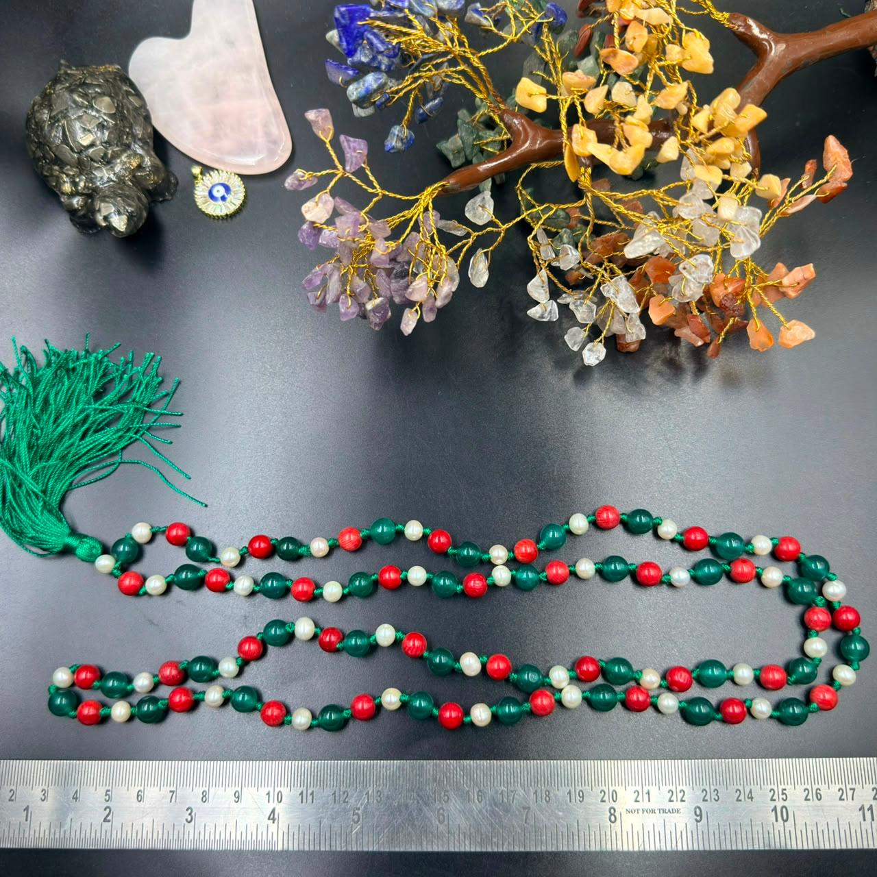 Prosperity & Emotional Balance Jaap Mala (Green Onyx, Coral & Pearl)
