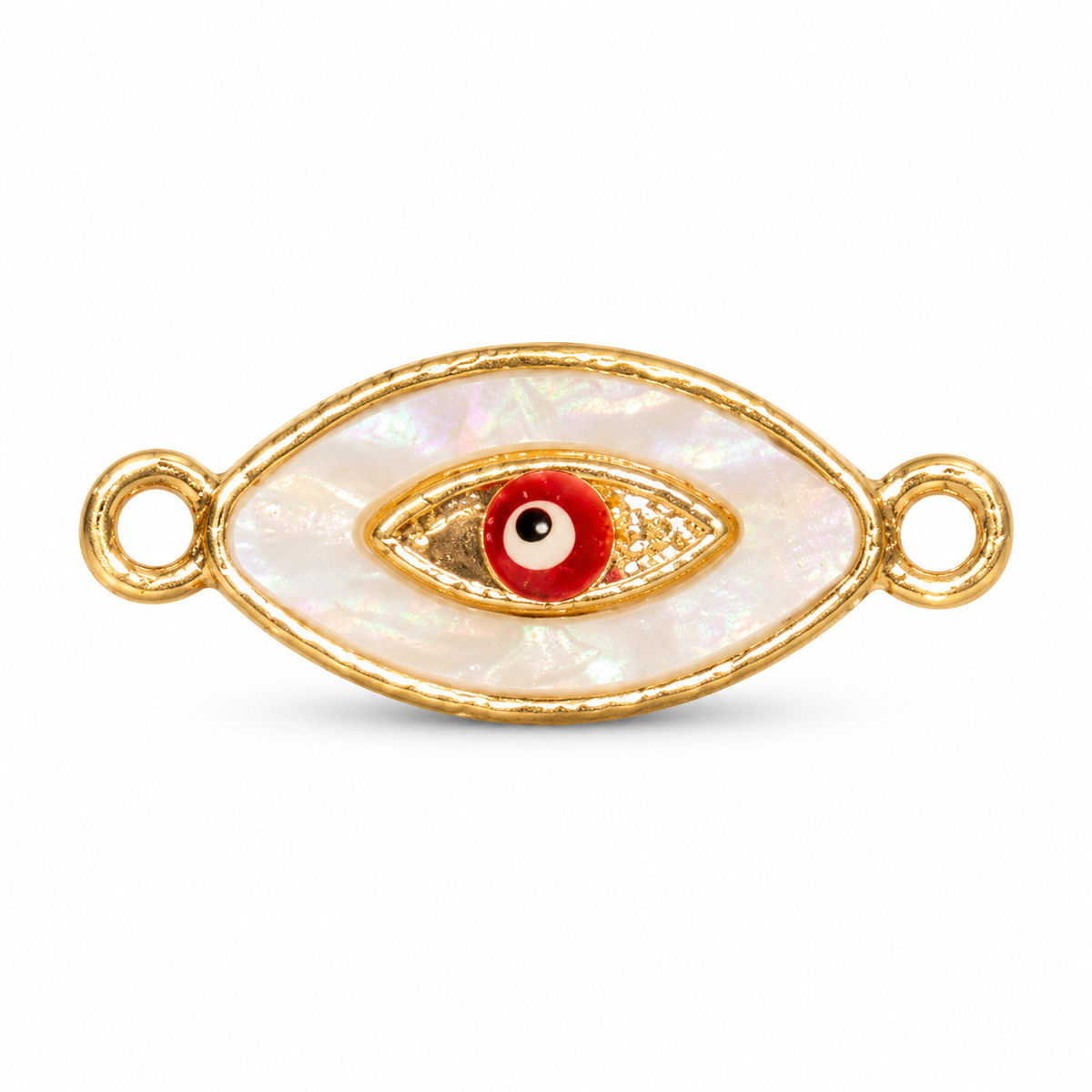 White Mother of Pearl Evil Eye Connector Charm – Red Nazar Eye Gold-Tone Double Loop Charm