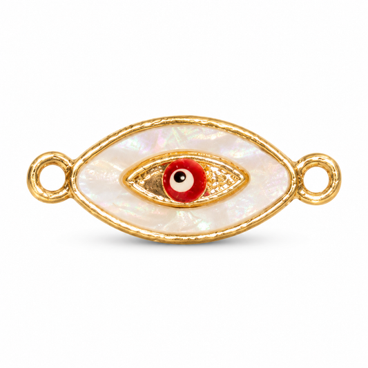 White Mother of Pearl Evil Eye Connector Charm – Red Nazar Eye Gold-Tone Double Loop Charm