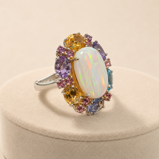 Natural Opal & Multi-Gemstone 925 Silver Ring (Creativity & Harmony)