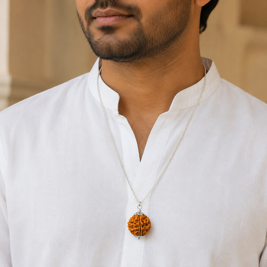 7 Mukhi Nepali Rudraksha with German Silver Capping and 4 Gram (15 Inch) Chain | Gemkrishna