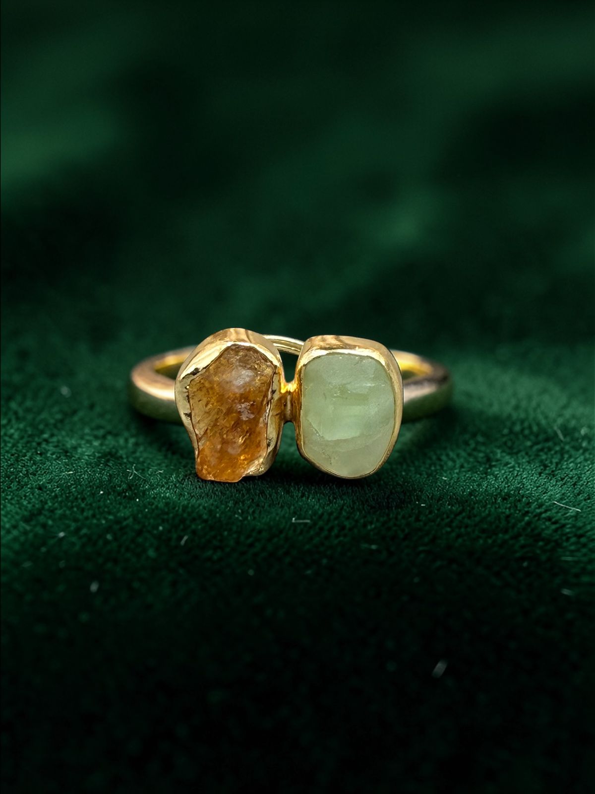 Natural Green Aventurine and Citrine Rough Metal Ring