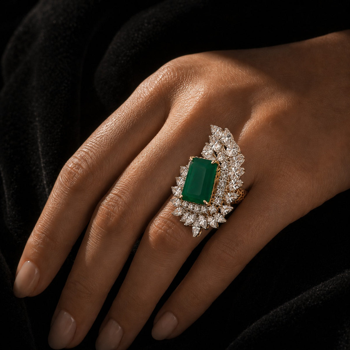18K gold emerald-cut emerald and diamond halo ring on hand, side view