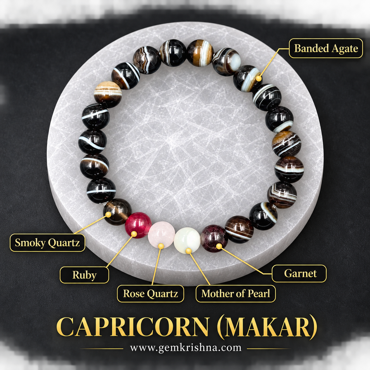 Capricorn (Makar) Zodiac Bracelet – 6 Natural Stones: Banded Agate, Garnet, Mother of Pearl, Rose Quartz, Ruby & Smoky Quartz