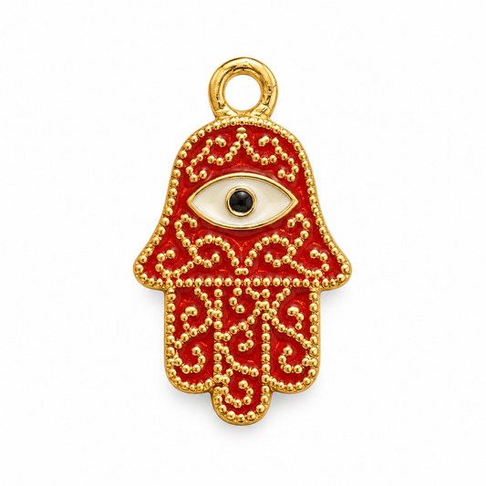 Red Hamsa Hand Evil Eye Charm – Gold-Tone Nazar Protection Amulet Pendant