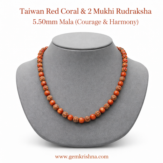 Taiwan Red Coral & 2 Mukhi Rudraksha 5.50mm Jaap Mala (Courage & Harmony) premium GemKrishna product cover