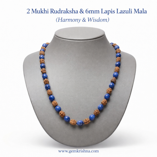 2 Mukhi Rudraksha & 6mm Lapis Lazuli Jaap Mala (Harmony & Wisdom) premium GemKrishna product cover