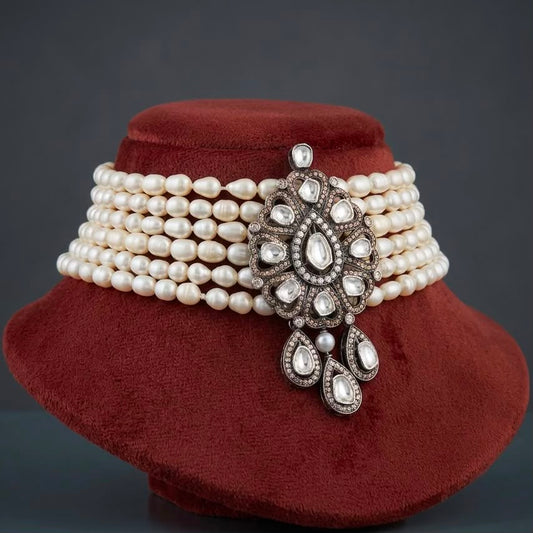 Natural Pearl Moti Bead Choker with 925 Silver Brown & Uncut Moissanite Centrepiece (Calmness, Elegance & Emotional Balance)