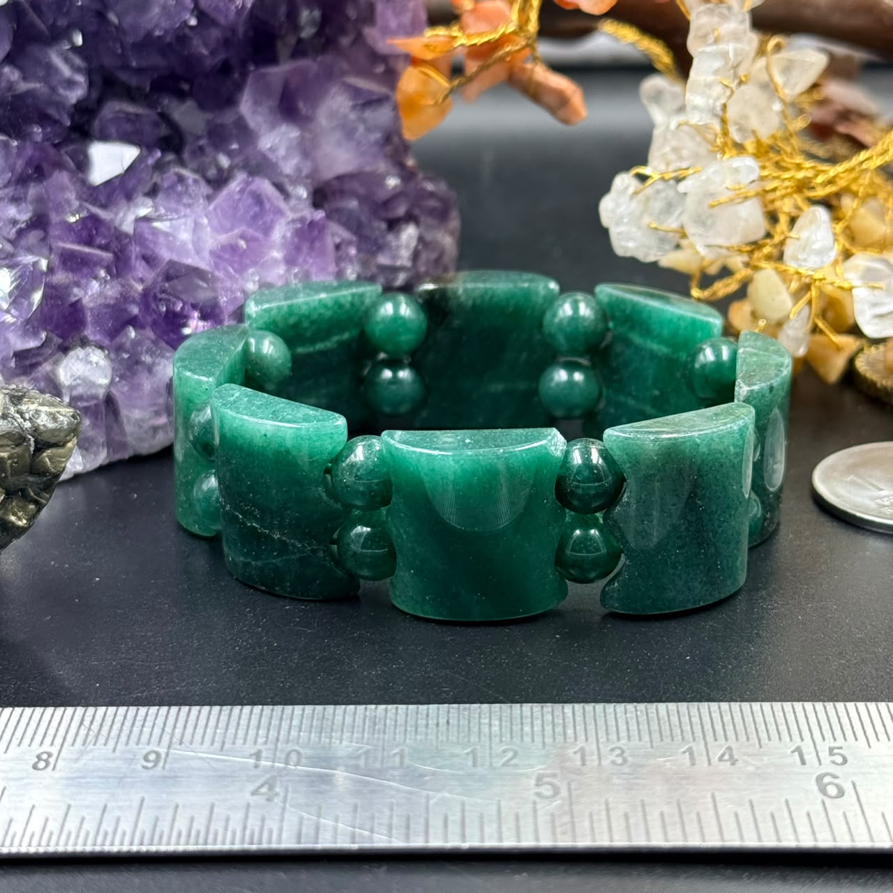 Green Jade Curved Panel & Round Bead Bracelet (Prosperity & Harmony)