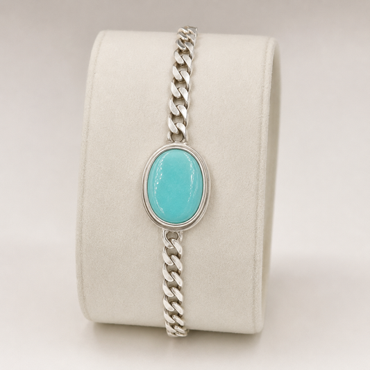Unisex Turquoise 925 Sterling Silver Oval Bracelet (Protection & Communication) (44 Gram approx)