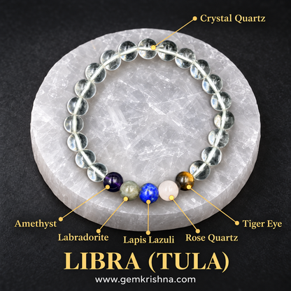 Libra (Tula) Zodiac Bracelet – 6 Natural Stones: Crystal Quartz, Amethyst, Labradorite, Lapis Lazuli, Rose Quartz & Tiger Eye