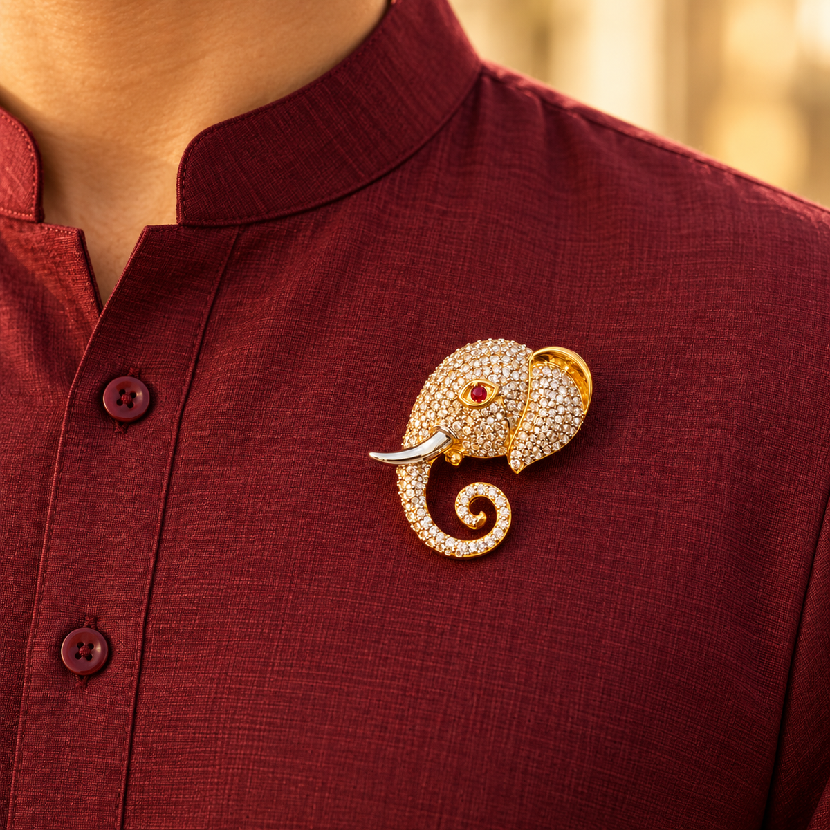 Moissanite Ganesh Ji Brooch –  Pure Gold-Plated 925 Silver with Red Stone Eye (7.52 Gram)