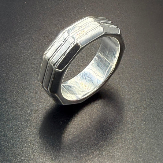 925 Sterling Silver Geometric Wide Band Ring | 19g Total Weight | Layered Angular Ridge Design | High-Polish Finish