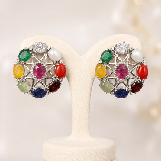 Natural Navratan Floral 925 Sterling Silver Stud Earrings (Balance & Positive Energy) (46 carat)