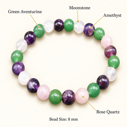Love, Calm & Harmony Bracelet – Rose Quartz, Amethyst, Green Aventurine & Moonstone, 8mm with Lab Report | GemKrishna