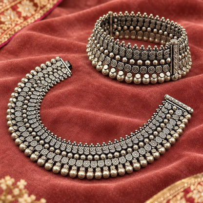 Antique Finish 925 Silver Payal with Ambi & Ghungroo Work — Pair