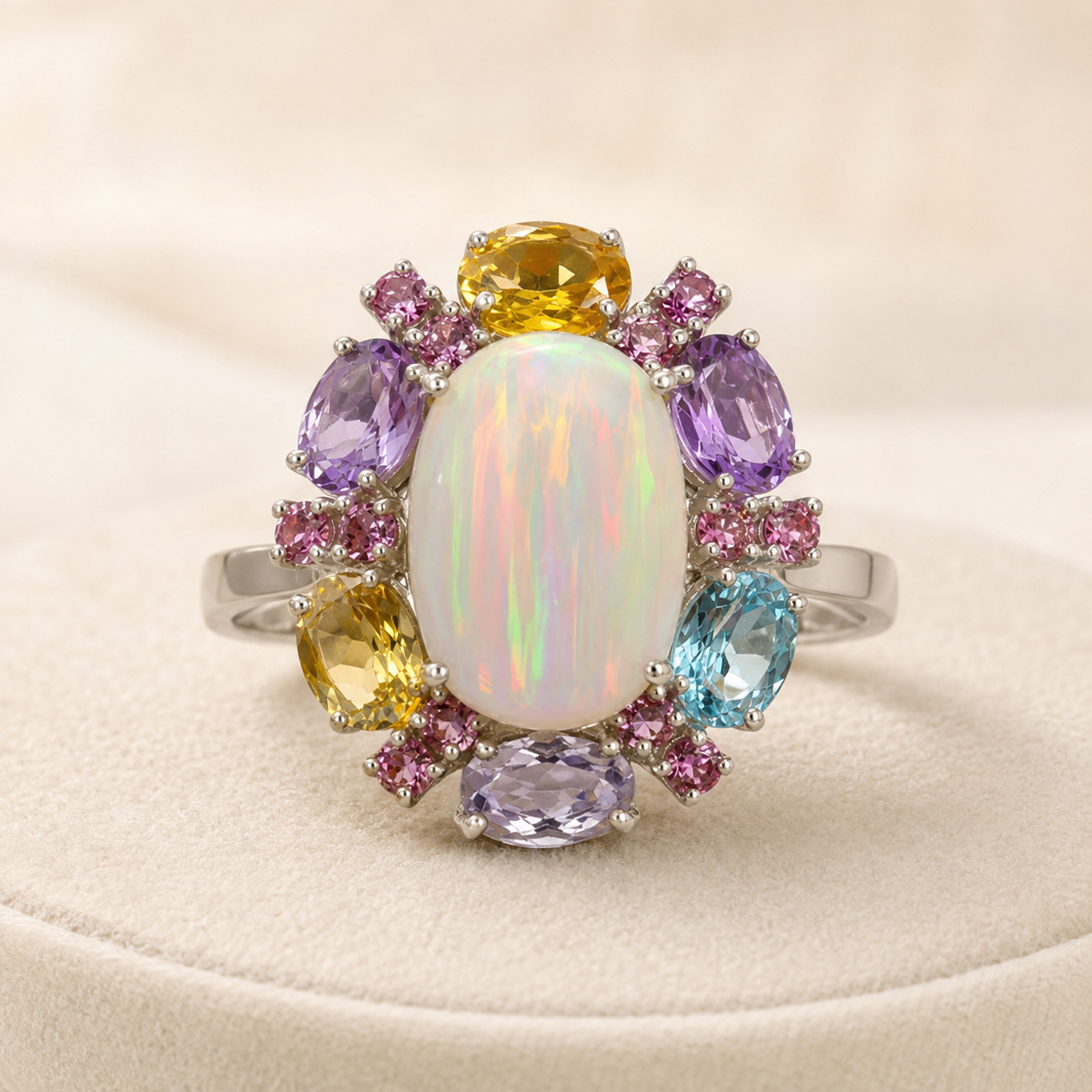 Natural Opal & Multi-Gemstone 925 Silver Ring (Creativity & Harmony)