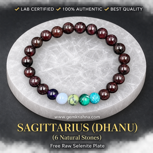Sagittarius (Dhanu) Zodiac Bracelet – 6 Natural Stones: Garnet, Amethyst, Blue Lace Agate, Nephrite Jade, Malachite & Firoza (Turquoise)