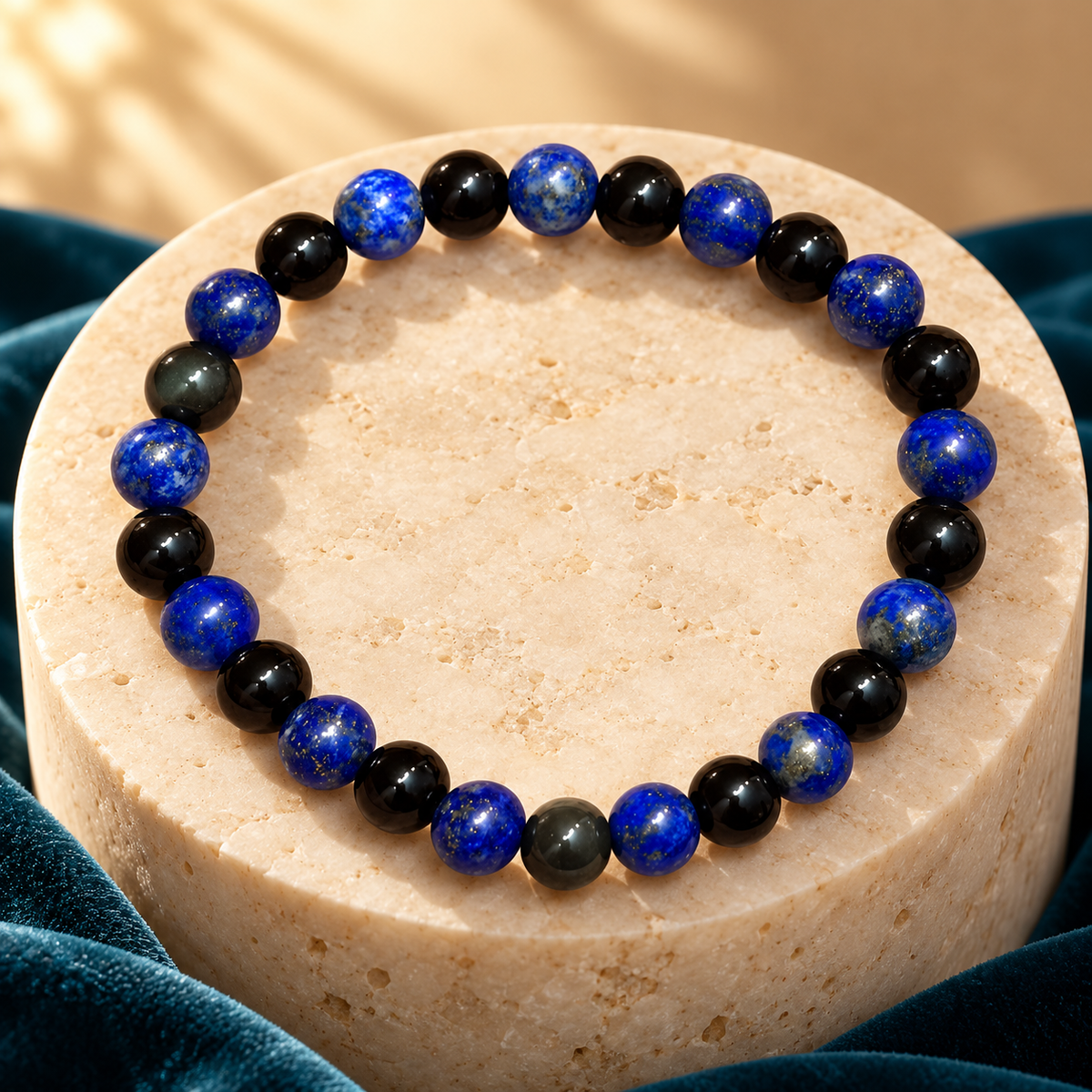 Grounding & Wisdom Bracelet – Black Obsidian and Lapis Lazuli, 8mm with GJSPC Lab Report | GemKrishna