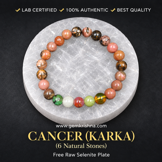 Cancer (Karka) Zodiac Bracelet – 6 Natural Stones: Rhodonite, Emerald, Moonstone, Ruby, Nephrite Jade & Amber