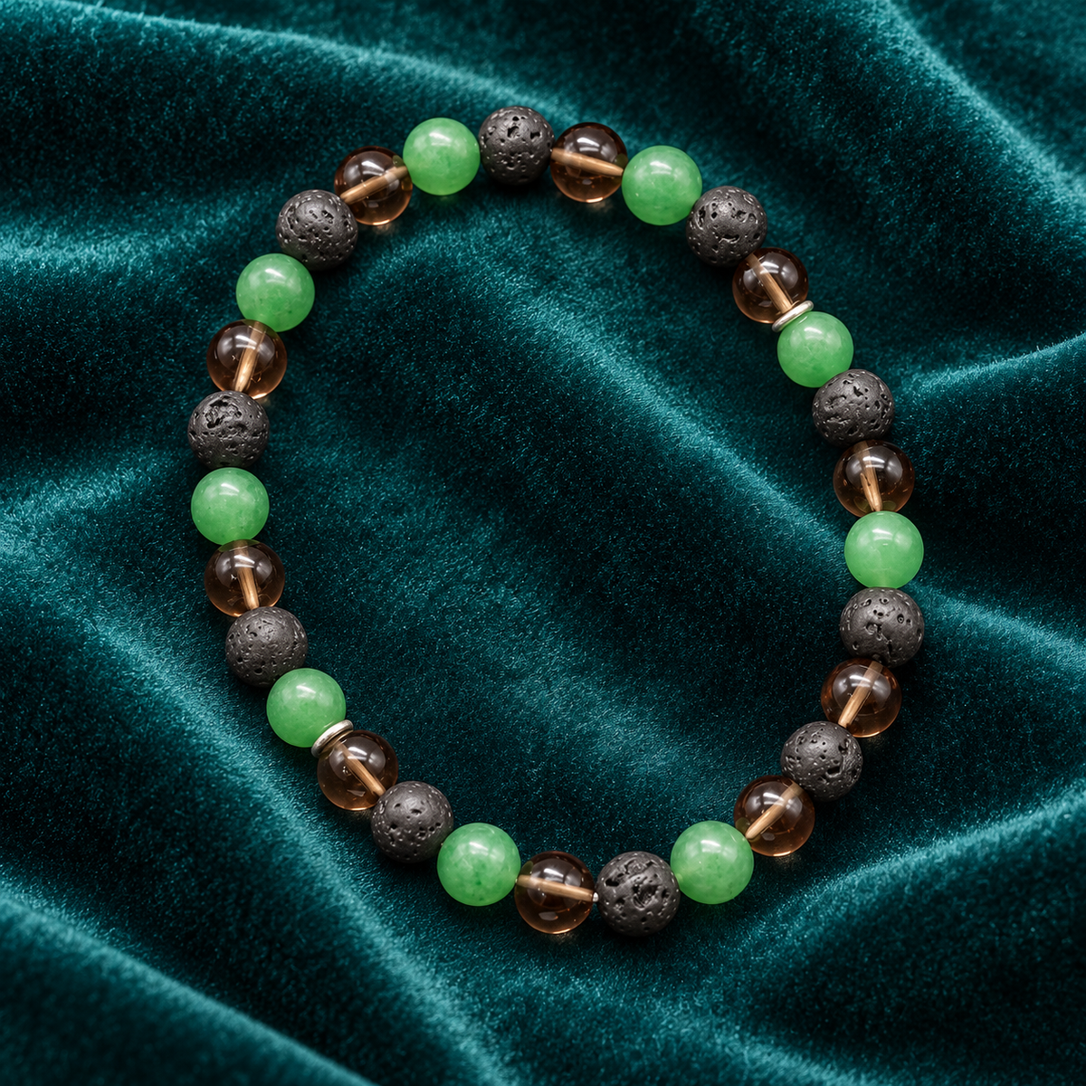 Grounding, Balance & Harmony Bracelet – Black Lava, Smoky Quartz & Green Jade, 8mm with GJSPC Lab Report | GemKrishna