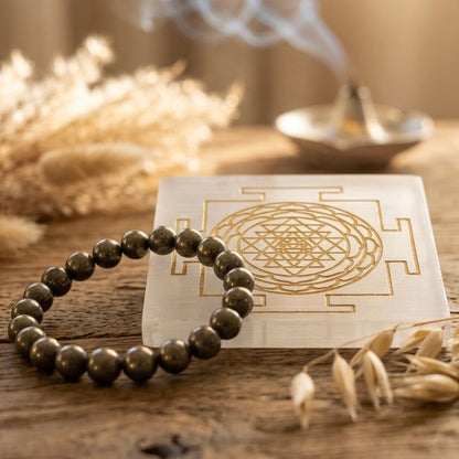 Natural 8mm Pyrite bracelet with a 3x3 inch Selenite charging plate for abundance
