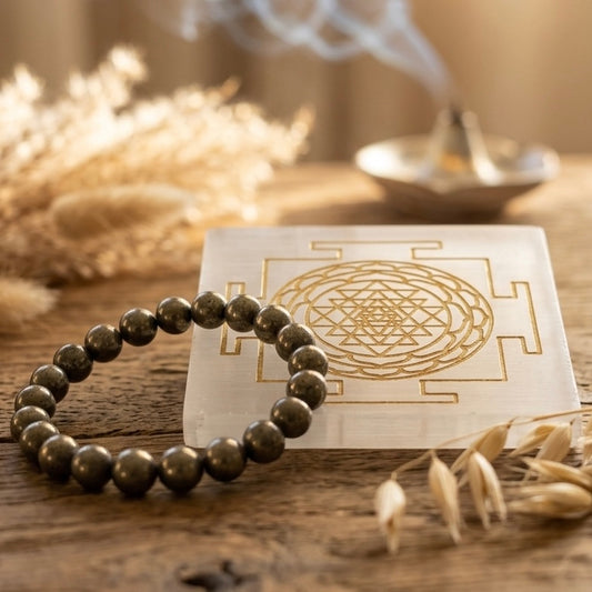 Natural 8mm Pyrite bracelet with a 3x3 inch Selenite charging plate for abundance