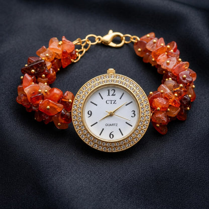 Natural Carnelian Wrist Watch With Physical Lab Certification Luxury Dial Finish and Quality.