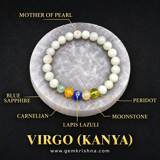 Virgo (Kanya) Zodiac Bracelet – 6 Natural Stones: Mother of Pearl, Peridot, Moonstone, Lapis Lazuli, Carnelian & Blue Sapphire