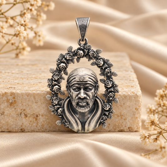 925 Silver Sai Baba with Rose Frame Pendant – 17 g (Faith & Patience)