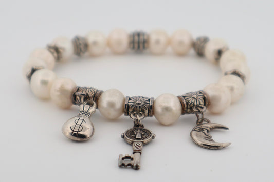 Elegant Pearl Charm Bracelet with Crescent Moon, Money Bag & Key