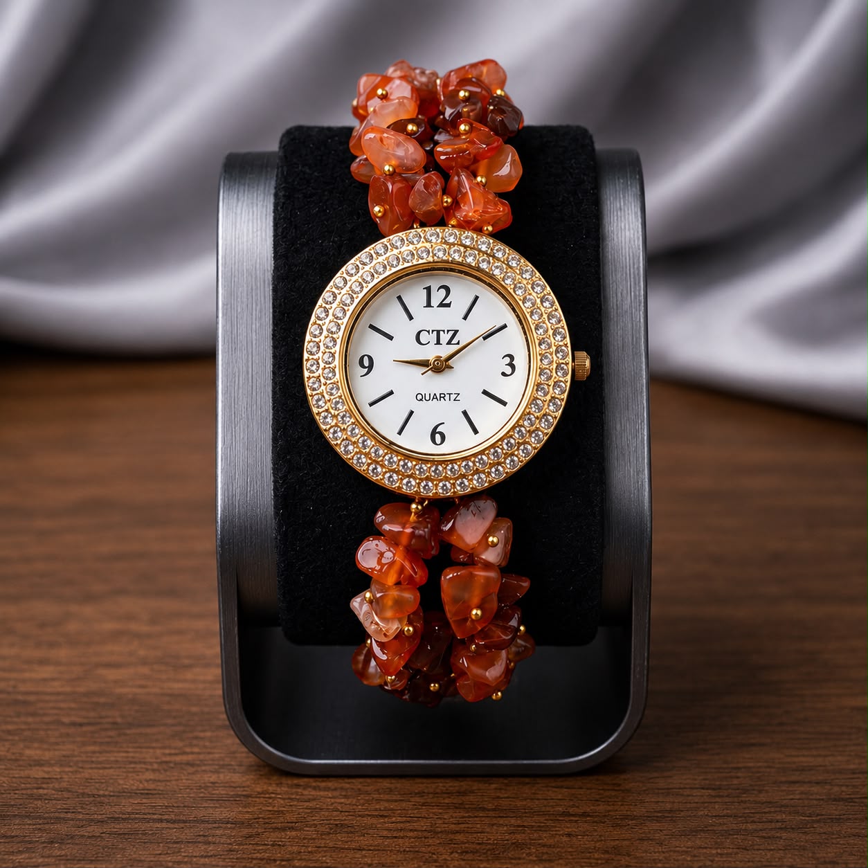 Natural Carnelian Wrist Watch With Physical Lab Certification Luxury Dial Finish and Quality.