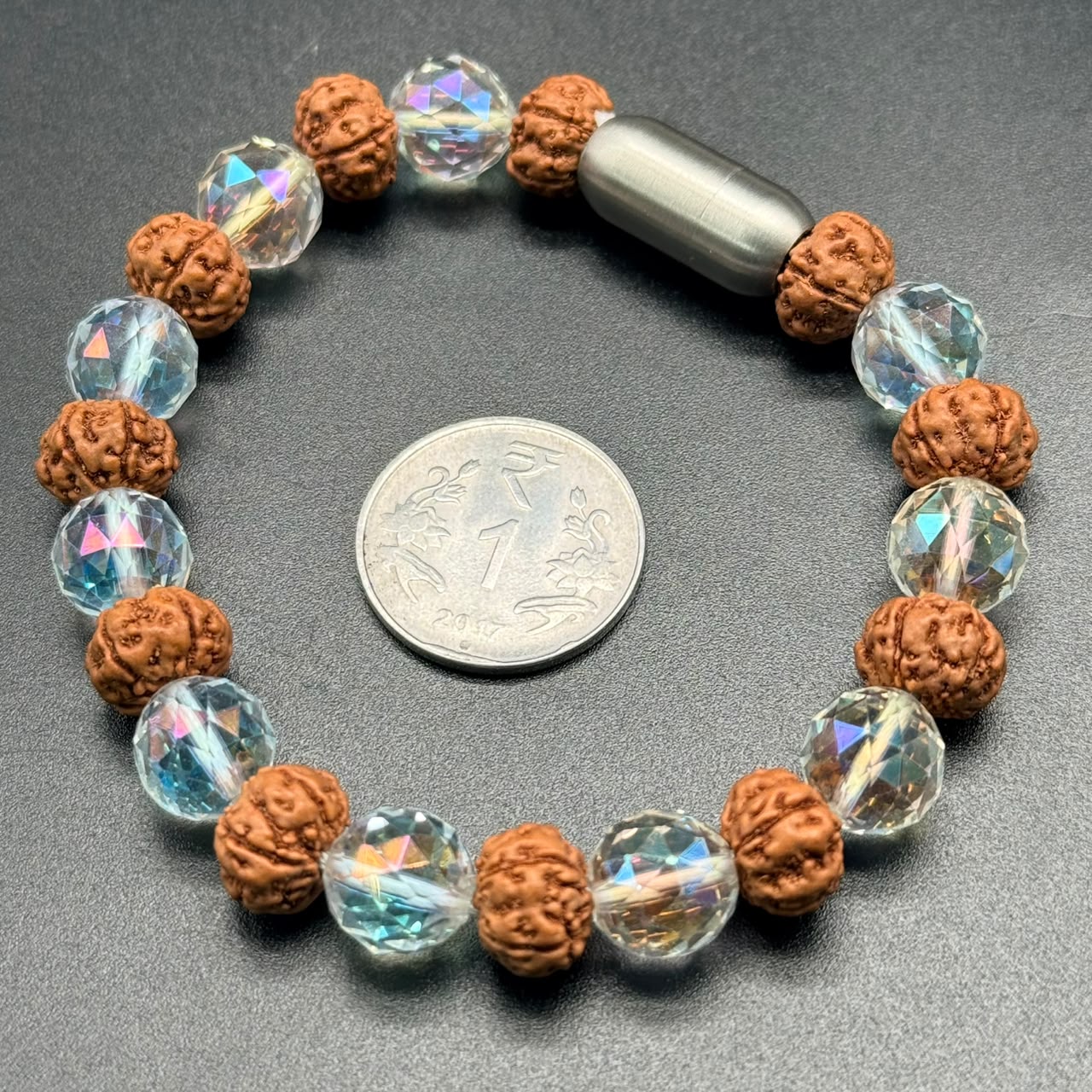 Aura Clear Quartz & 5 Mukhi Pathri Rudraksha Magnetic Bracelet