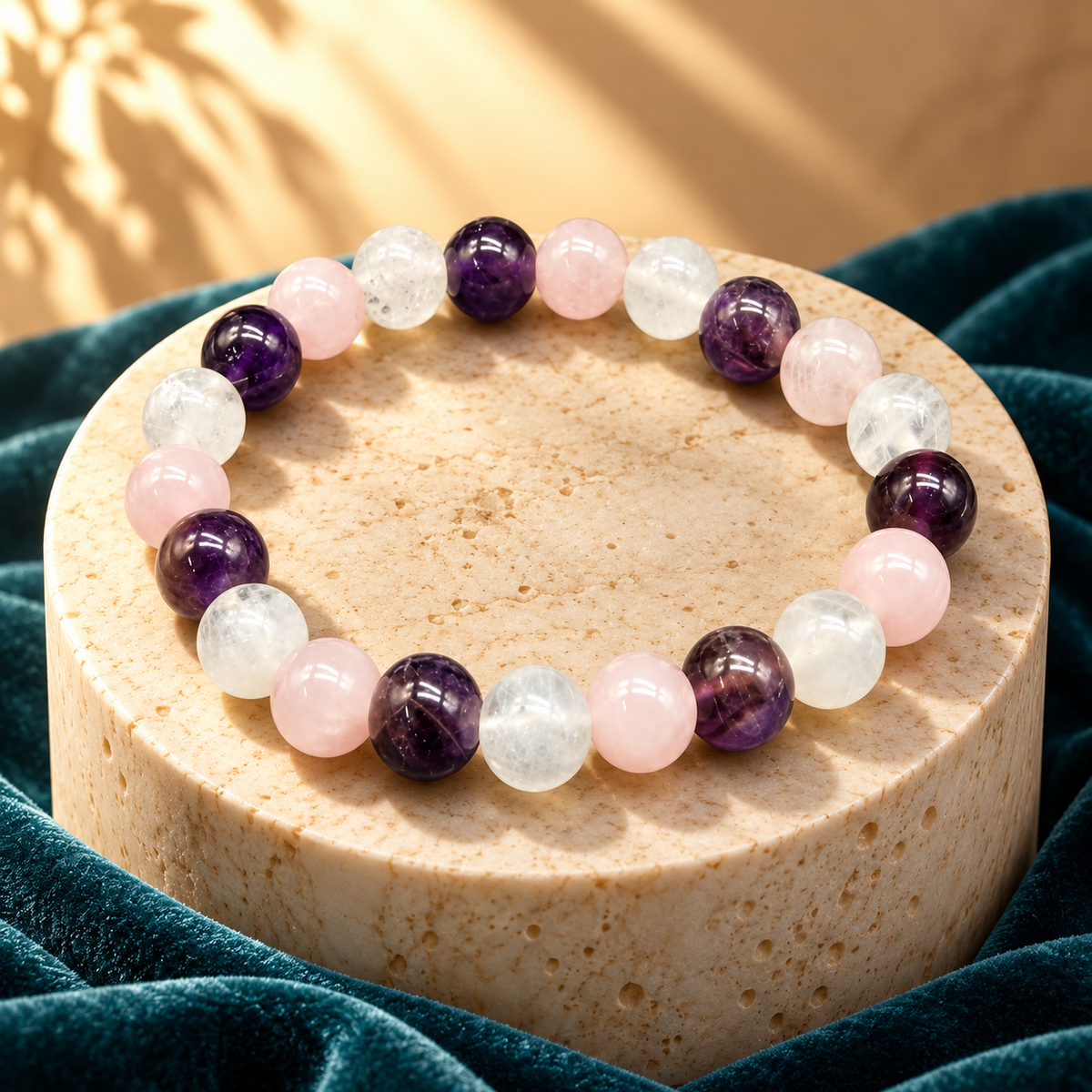 Love, Calm & Balance Bracelet – Moonstone, Rose Quartz & Amethyst, 8mm with GJSPC Lab Report | GemKrishna