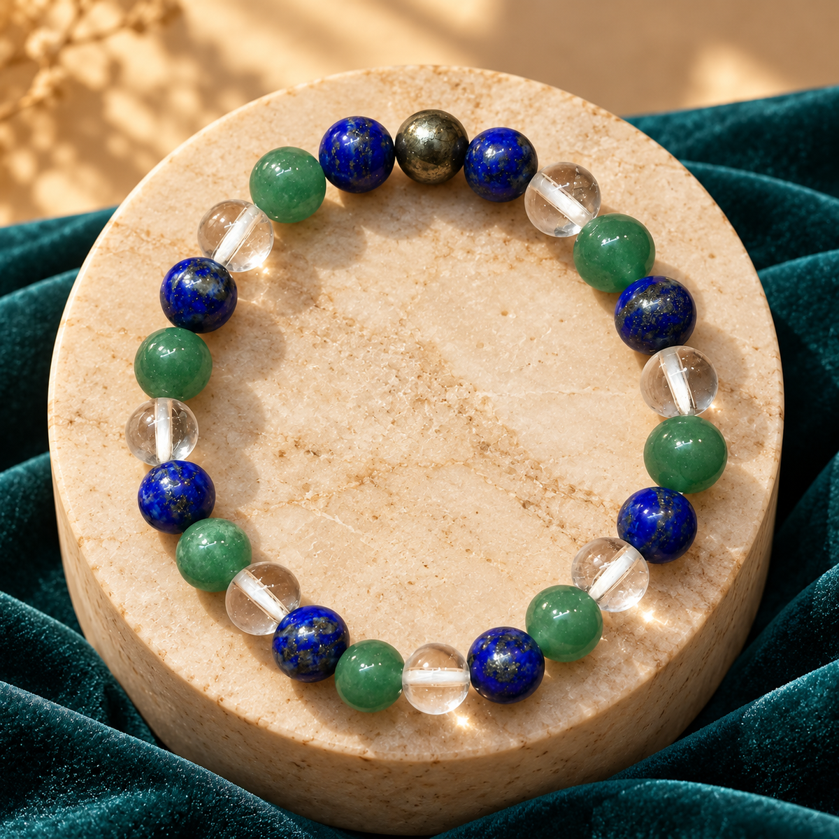 Wisdom, Clarity & Prosperity Bracelet – Lapis Lazuli, Pyrite, Clear Quartz & Green Aventurine, 8mm with Lab Report | GemKrishna