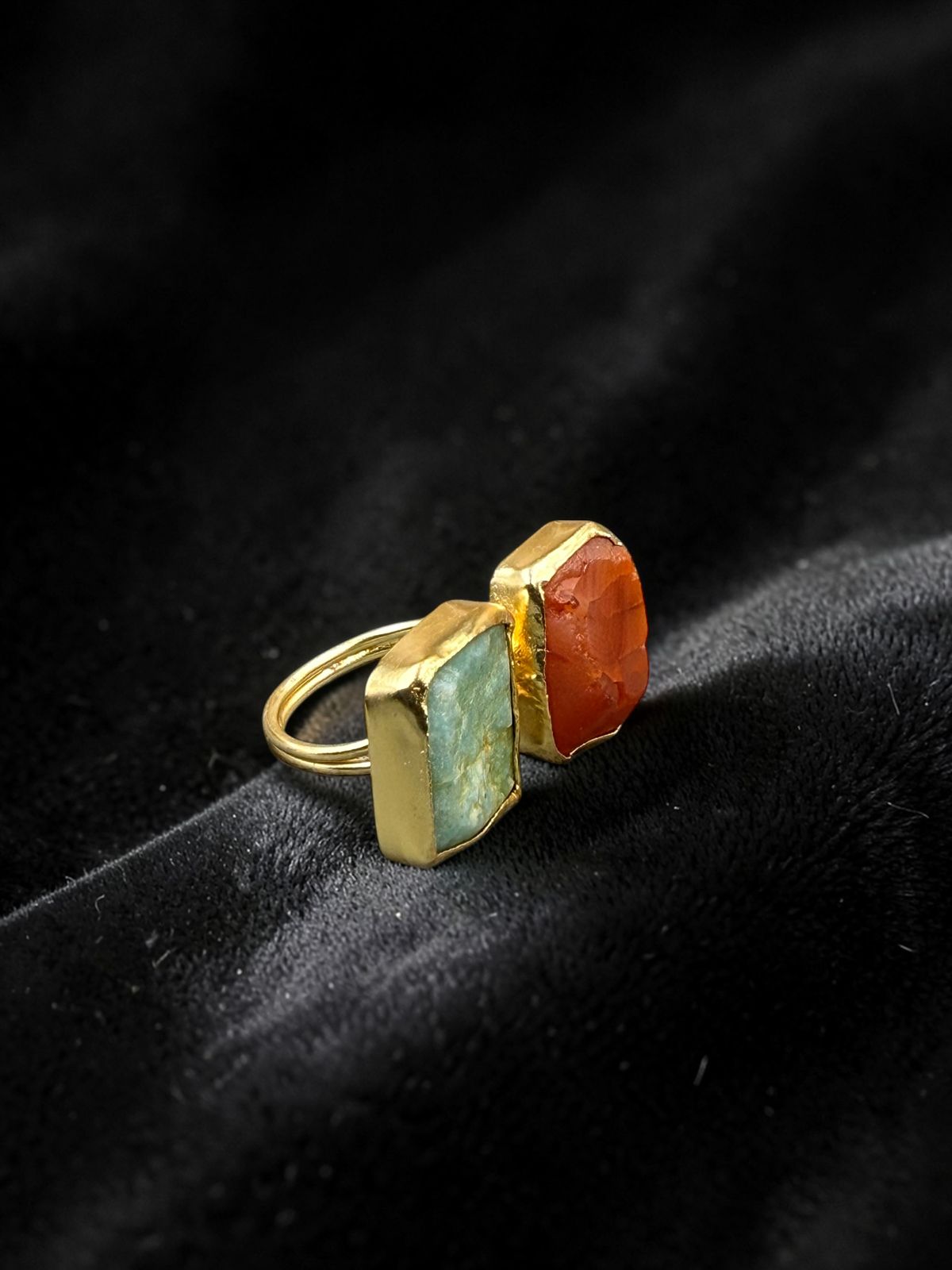 Green Aventurine and Carnelian Rough Metal Ring