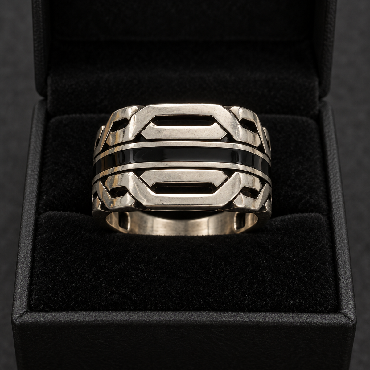 925 Sterling Silver Geometric Black Stripe Ring, Approx. 10.50 g, for Men