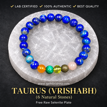 Taurus (Vrishabh) Zodiac Bracelet – 6 Natural Stones: Lapis Lazuli, Rose Quartz, Pyrite, Peridot, Malachite & Carnelian