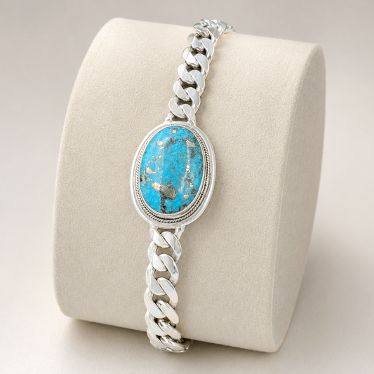 Unisex Matrix Turquoise 925 Sterling Silver Cuban Bracelet (Protection & Confidence) (41.07 Gram)