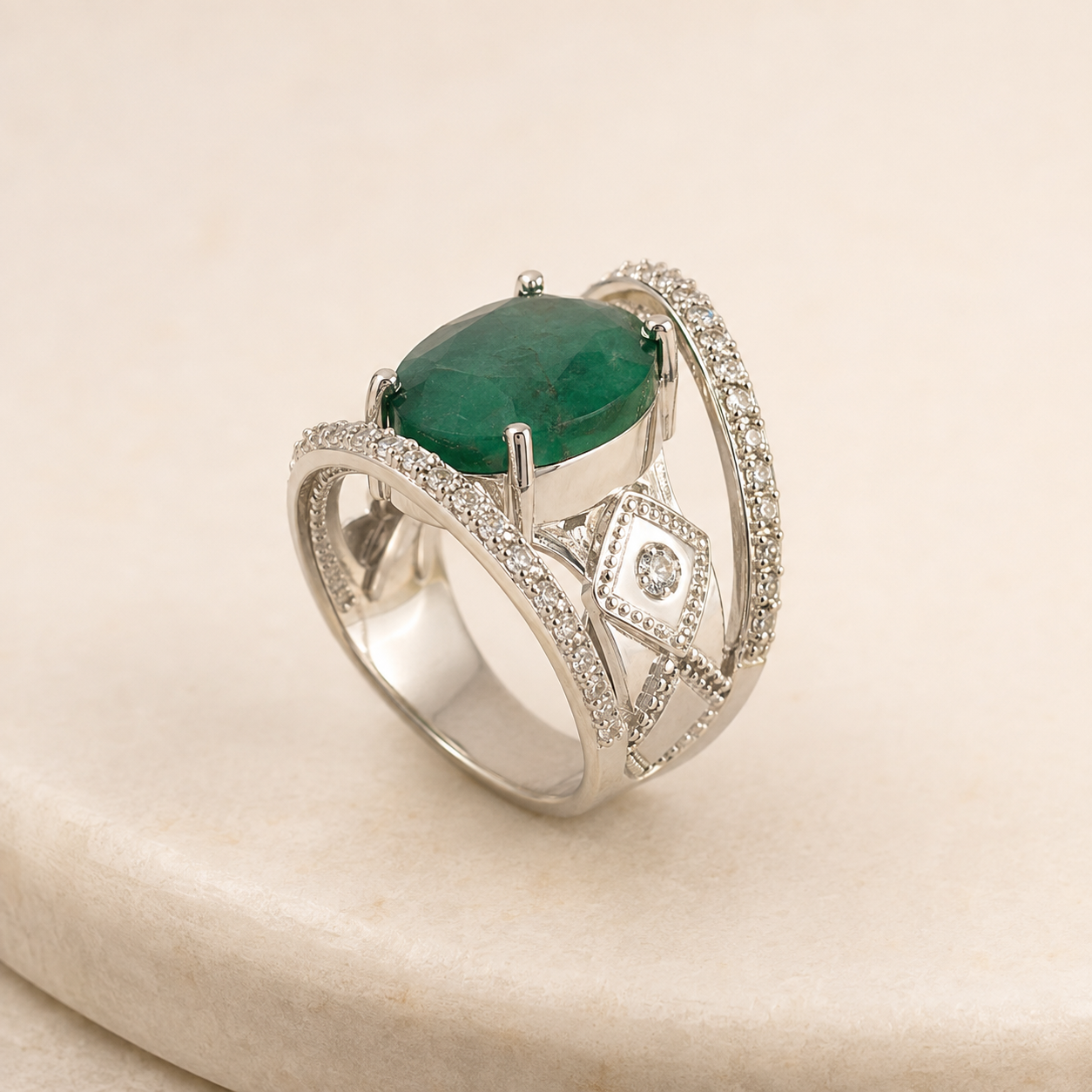925 Silver Panna Ring with Oval Emerald and Clear Stone Designer Setting
