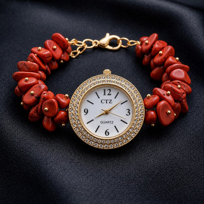 Natural Red Jasper Wrist Watch With Physical Lab Certification Luxury Dial Finish and Quality.