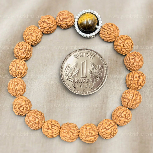 5 Mukhi rudraksh and tiger eye bracelet with round golden gemstone centerpiece