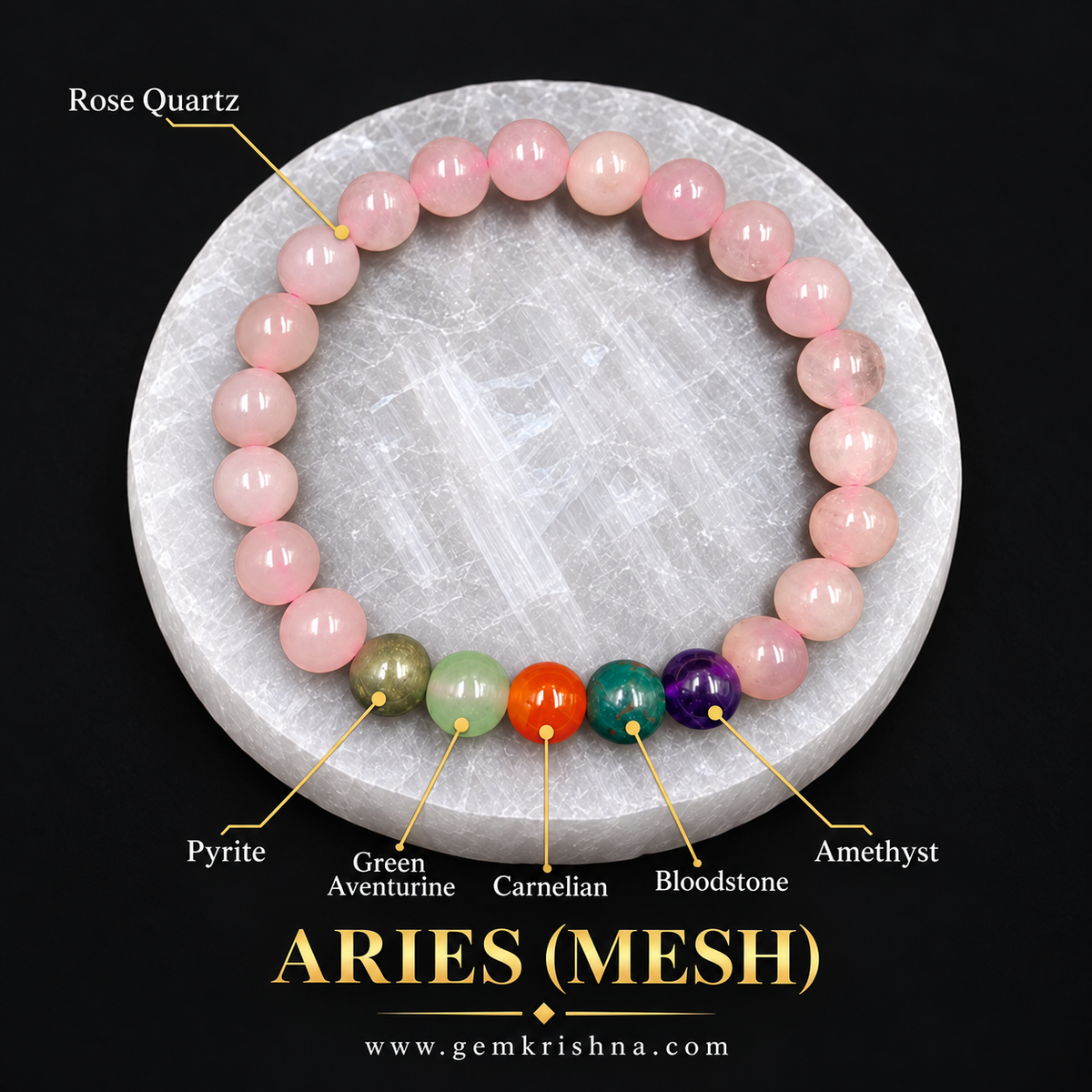 Aries (Mesh) Zodiac Bracelet – 6 Natural Stones: Rose Quartz, Pyrite, Green Aventurine, Carnelian, Bloodstone & Amethyst